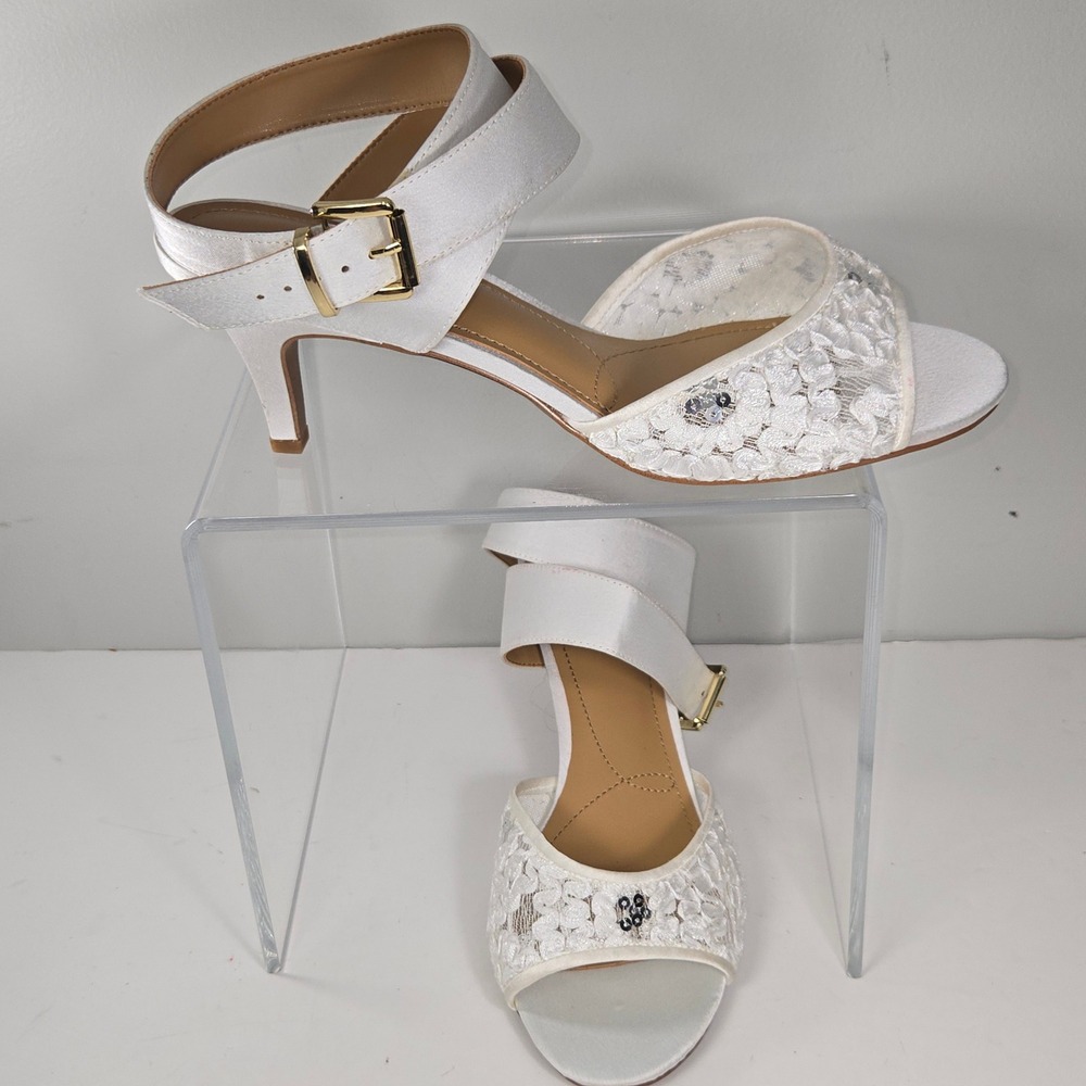 J. Renee White Satin Lace  Kitten Heels Ankle Strap Sandals 11W Wide